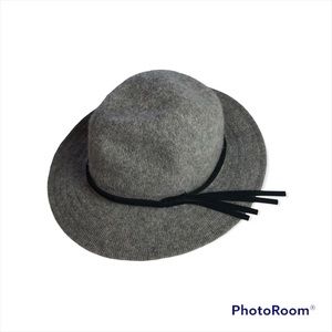 Grey fuzzy wool Fedora Floppy Boho Bowler hat with faux leather strap accent